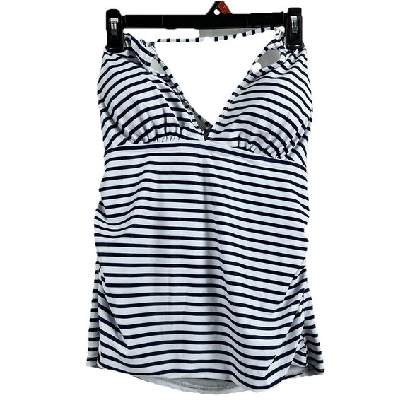 Yonique Other - Yonique Open Back Halter Tankini Top Swimsuit Blue White Stripe XL Ruched